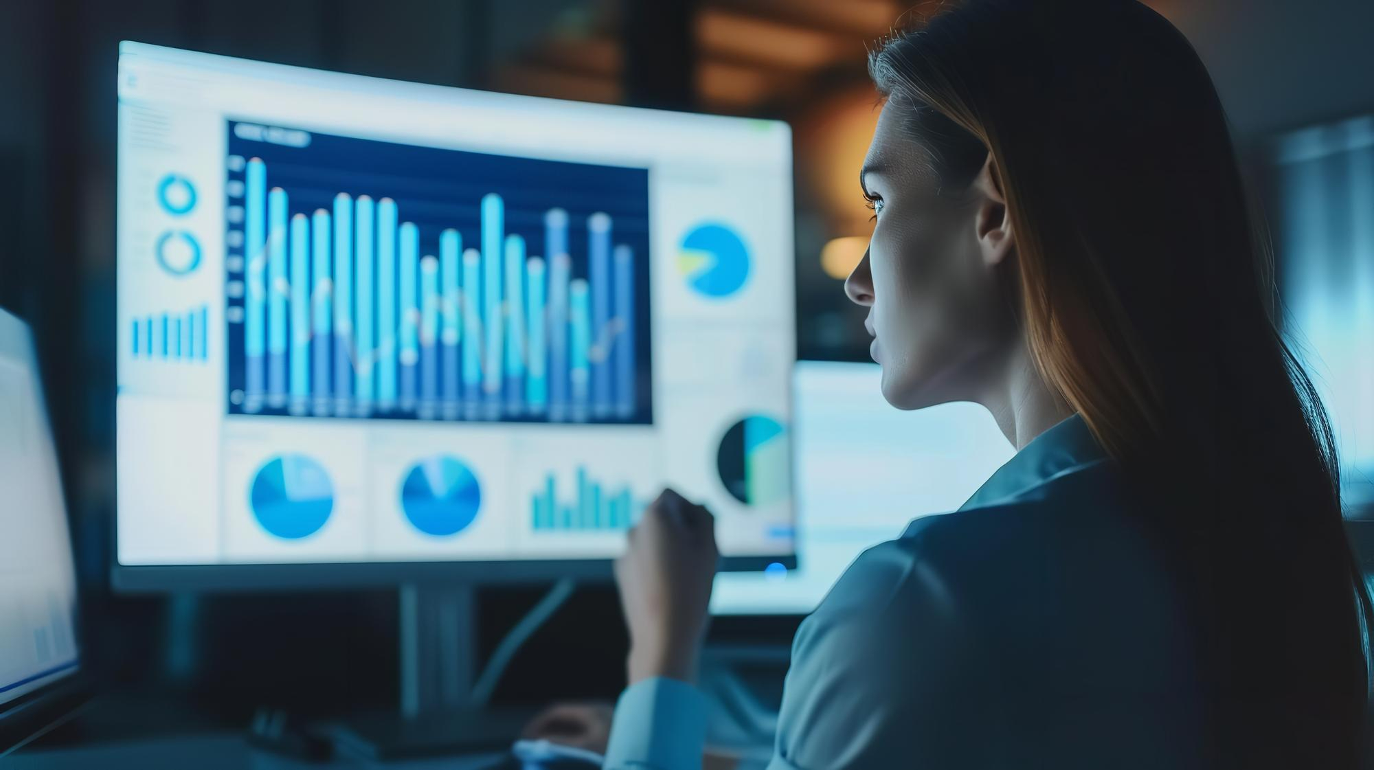 Mulher com um computador na sua frente contendo dados e análises de marketing médico.